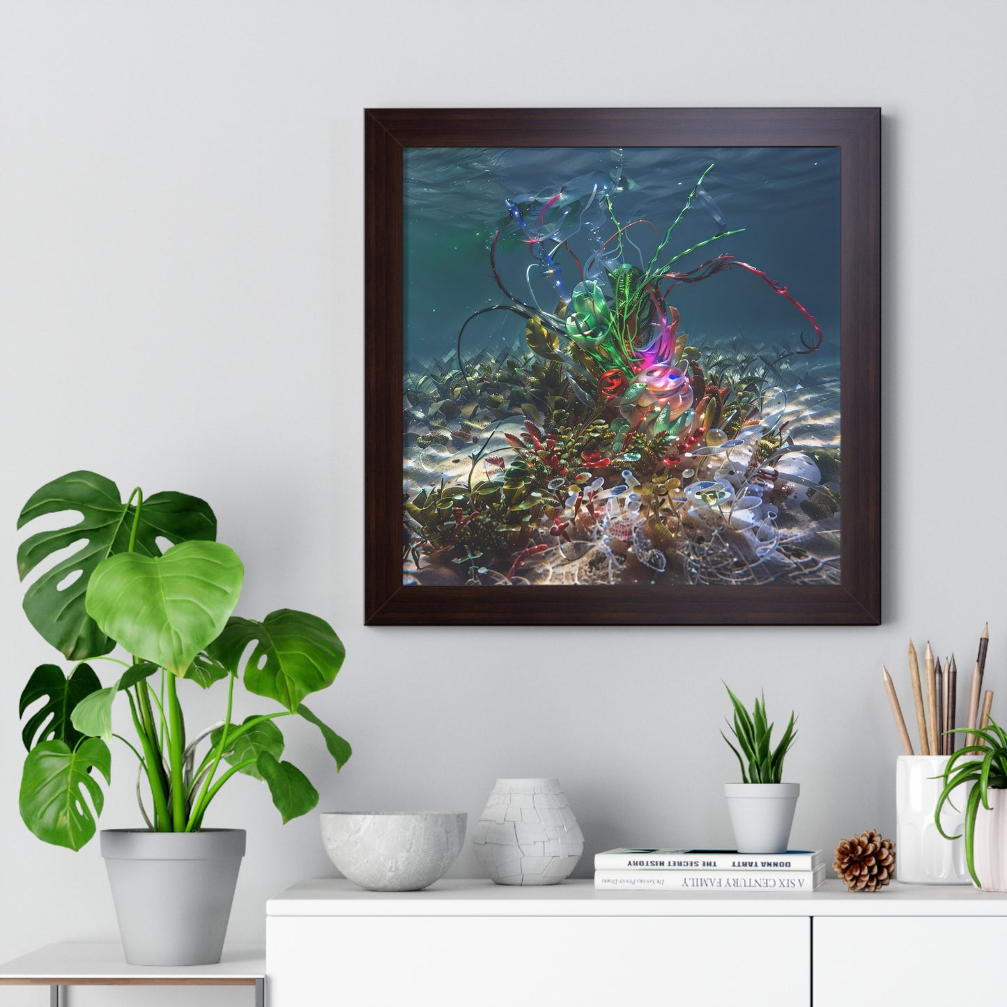 9_[dNASAb] “Faux Ecologies + Augmented Nature-verse #3A” (2024) – Framed Square Art Poster with Augmented Reality | AI-Trained Ocean Debris Sculpture Print