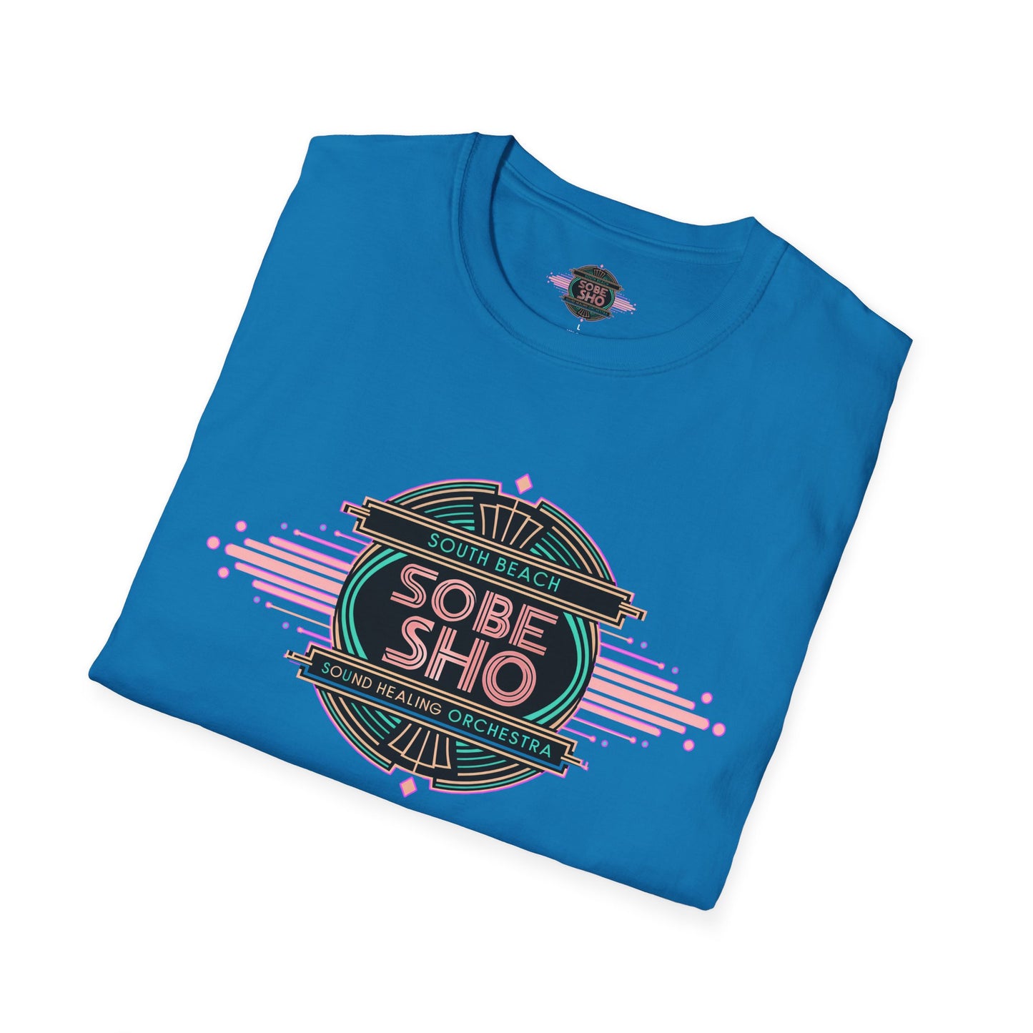 Retro Resonance  Unisex Softstyle T-Shirt, South Beach Sound Healing Orchestra x [dNASAb] merch, Mindful Graphic Tee for Beach Days, Sound Healing Vibes & Everyday Ease (front print only)
