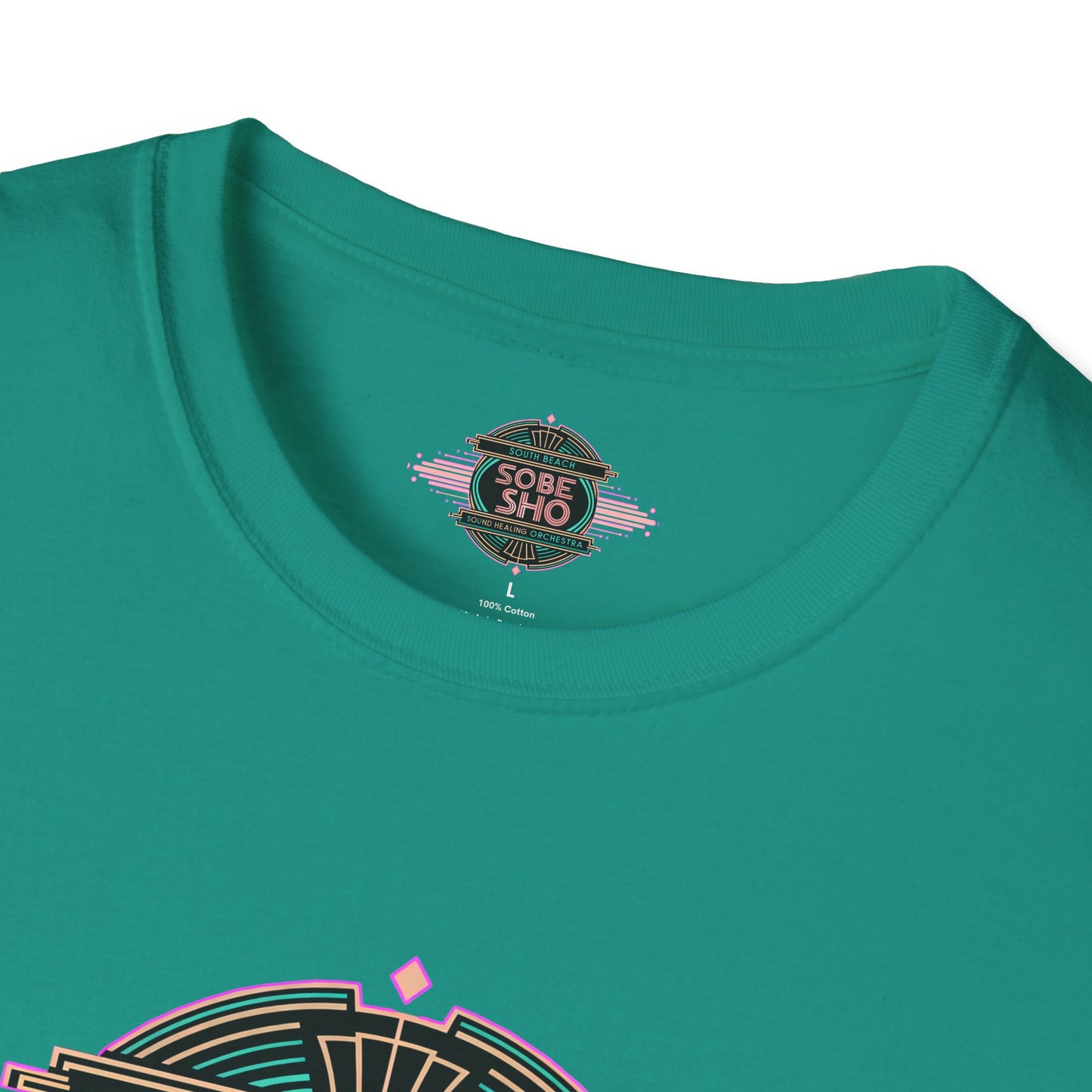 Retro Resonance  Unisex Softstyle T-Shirt, South Beach Sound Healing Orchestra x [dNASAb] merch, Mindful Graphic Tee for Beach Days, Sound Healing Vibes & Everyday Ease (front print only)