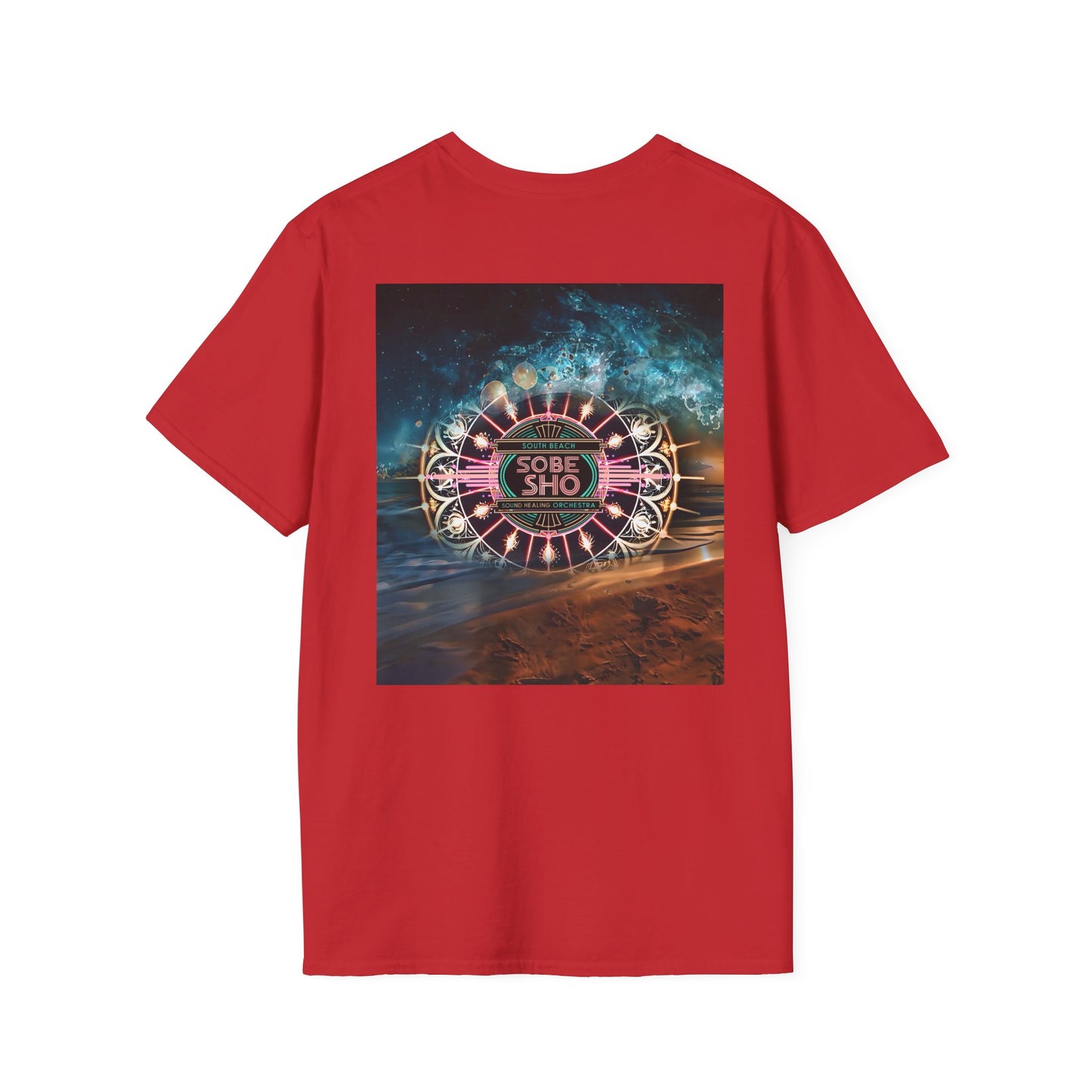 Retro Resonance Unisex Softstyle T-Shirt, South Beach Sound Healing Orchestra x [dNASAb] merch, Mindful Graphic Tee for Beach Days, Sound Healing Vibes [Front +Back Print]