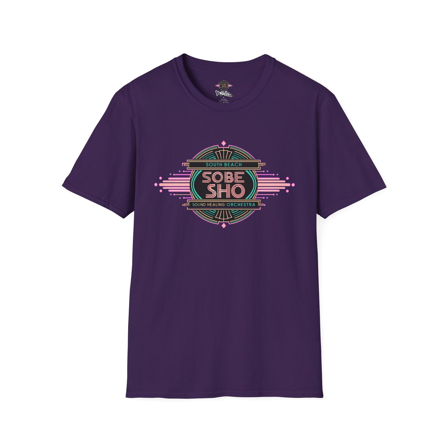 Retro Resonance Unisex Softstyle T-Shirt, South Beach Sound Healing Orchestra x [dNASAb] merch, Mindful Graphic Tee for Beach Days, Sound Healing Vibes [Front +Back Print]