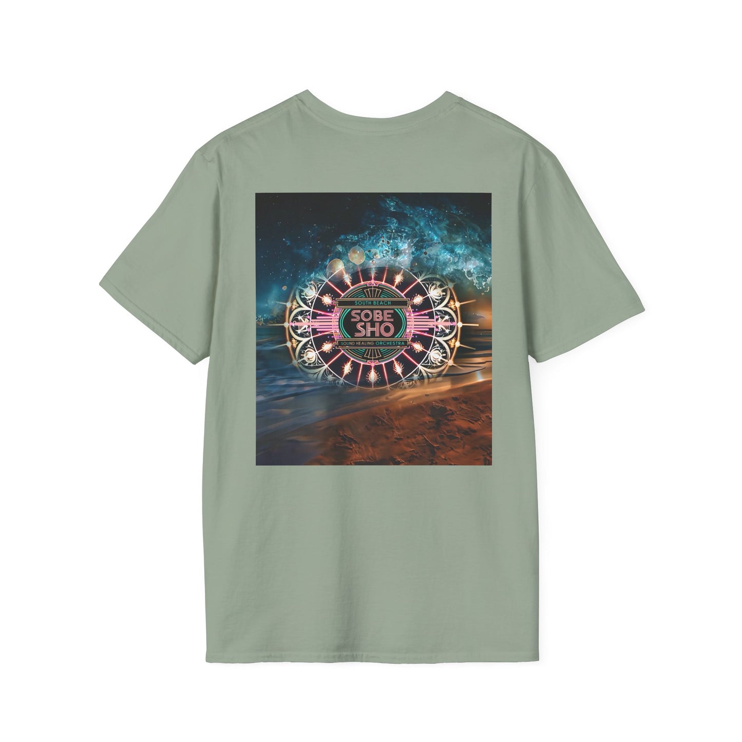Retro Resonance Unisex Softstyle T-Shirt, South Beach Sound Healing Orchestra x [dNASAb] merch, Mindful Graphic Tee for Beach Days, Sound Healing Vibes [Front +Back Print]