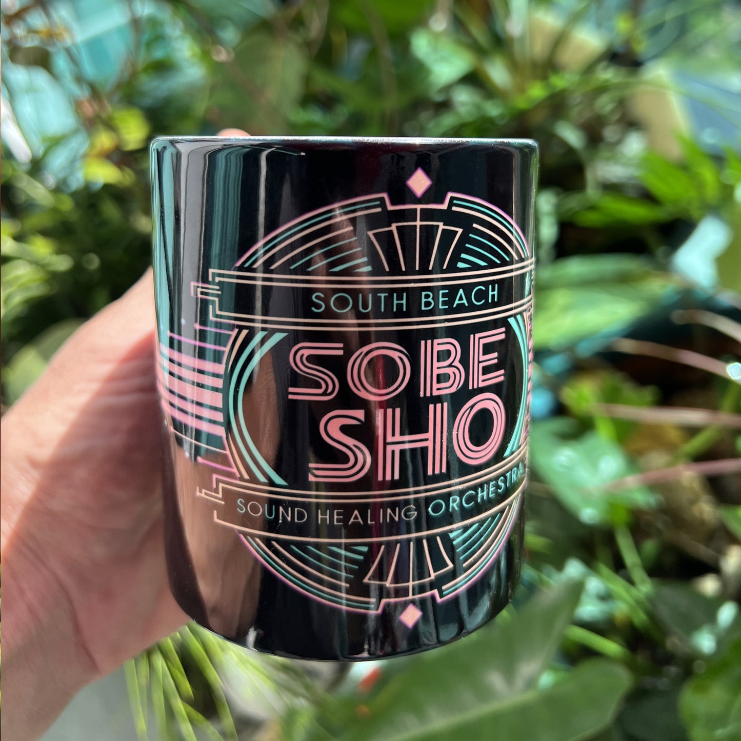 SoBe Sho Neon Art Deco Ceramic Mug — South Beach Sound Healing Orchestra (11oz, 15oz)