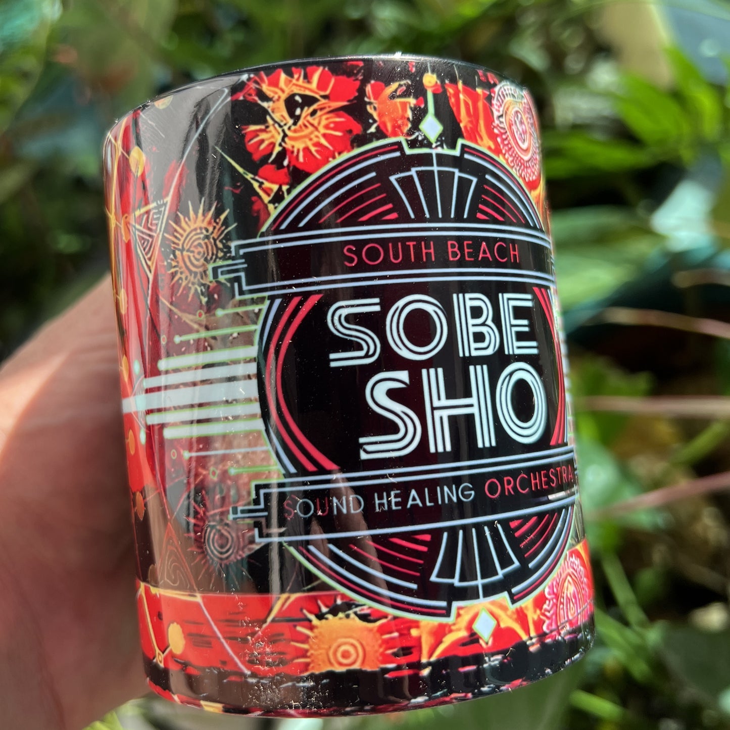 SoBe Sho Music Logo Accent Coffee Mug — Retro Neon South Beach Design