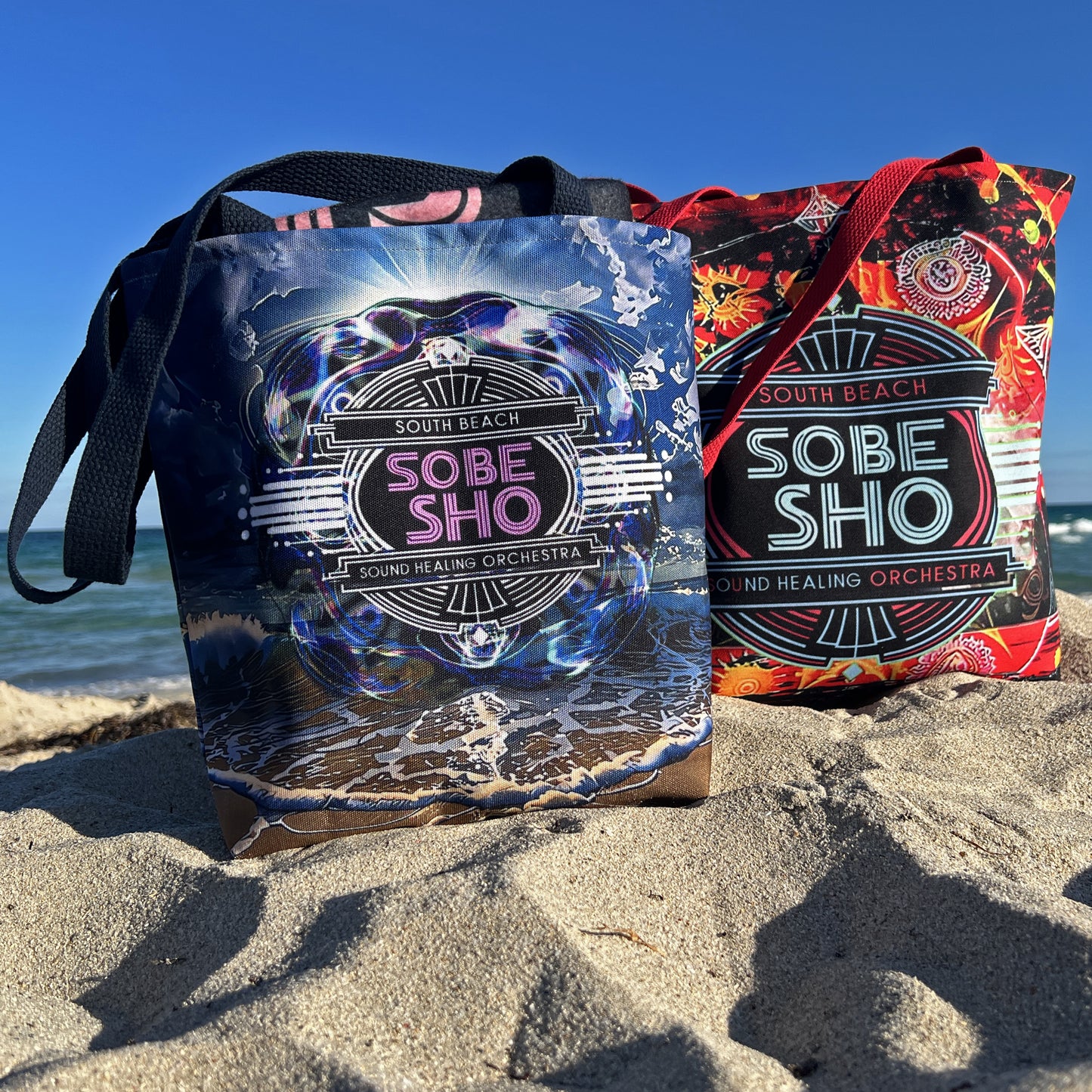 Sobe Sho Beach Wave Tote Bag — Neon Retro Logo All-Over Print